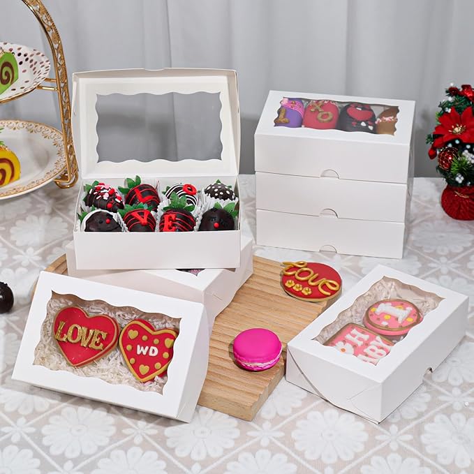 ROSPAKTEK 20pcs 7x4.3x2 Inch White Bakery Treat Boxes with Window - Christmas Valentine's Cookie, Chocolate Truffle, Strawberries & Cakesickle Gift Boxes