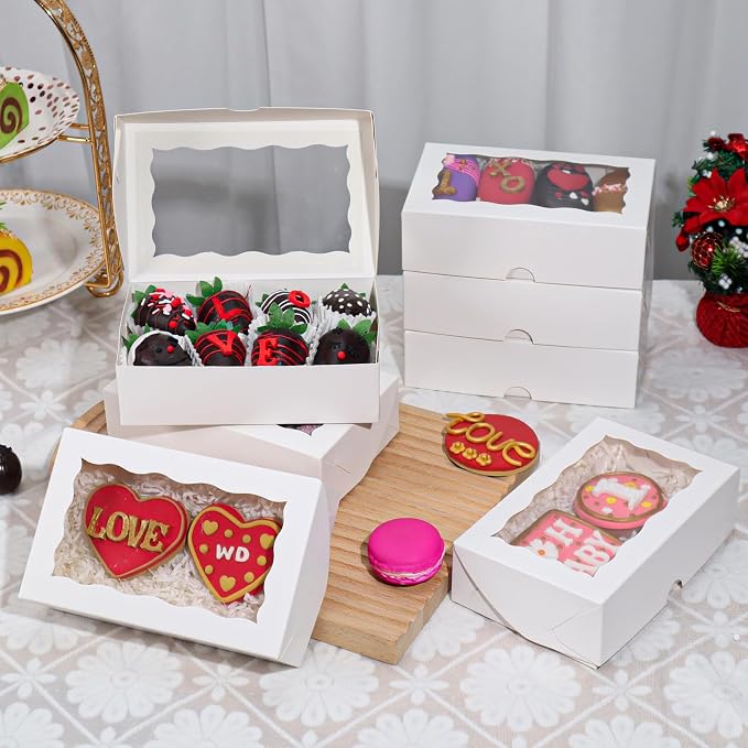 ROSPAKTEK 50pcs White 7x4.3x2 Inches Bakery Boxes for Cookies, Strawberries, Truffles & More; Perfect for Easter, Mother's Day, Christmas & Valentine's Day