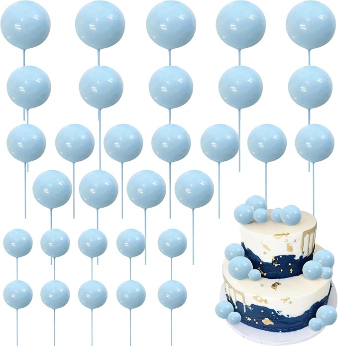 24 PCS Balls Cake Toppers - Ball Shaped Cupcake Toppers & Mini Balloons Cake Decorations for Wedding, Anniversary, Baby Shower & Birthday Parties - Blue