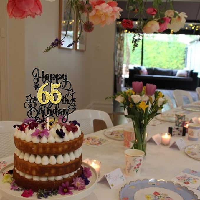 1 PCS Happy 65th Birthday Cake Topper Black Gold Glitter Cheers to 65 Years Birthday Cake Pick Hello 65 Fabulous Cake Decoration for Happy 65th Birthday Anniversary Party Decorations Supplies