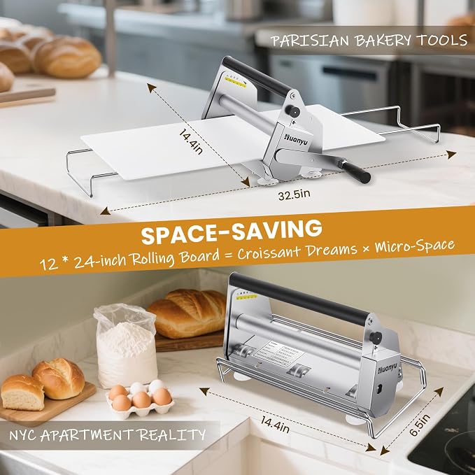 Huanyu Manual Dough Sheeter 12”, 10 Adjustable Thickness 0.1mm-17.5mm, Tool-Free Assembly, for Home Bakers & Small Bakeries, Croissant, Pizza, Pasta, Fondant