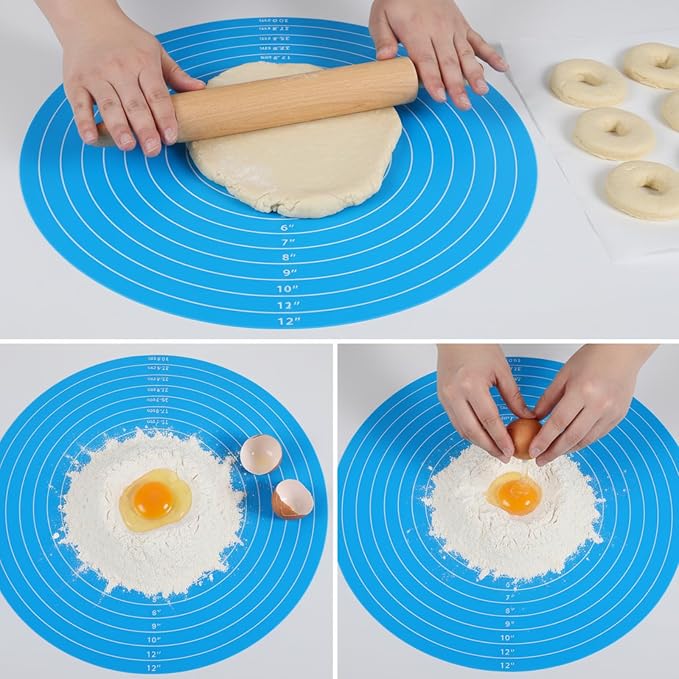 12 Inch Round Baking Mat 2PCS Silicone Cake Mat with Measurements | Non-Stick Heat Resistant Cake Turntable Non-slip Mat Reusable Cookie Pad for Pastry Dough and Baking (Pink and Blue)