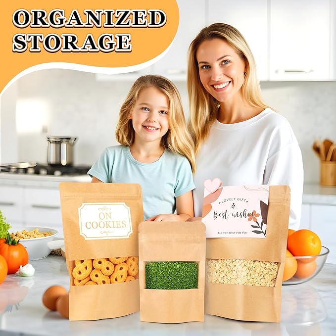 Food Bags 100 Pack Granola Trail Mix Bags Sealed Bag with Window Resealable Stand Up Pouches Wax Melt Candy Bar Tea Packaging Beef Jerky Chip Bag Bolsas para Carne Seca