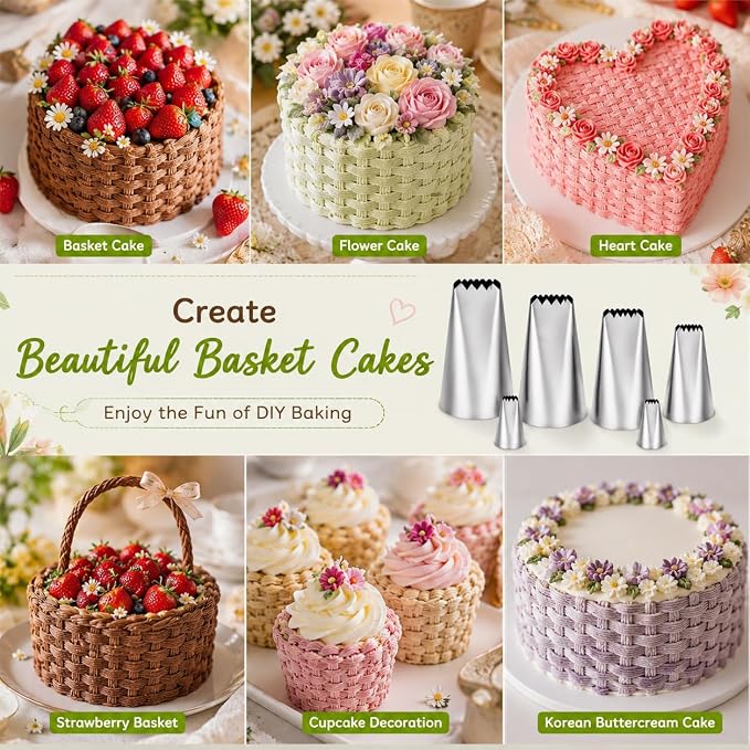 5 Pcs Basketweave Piping Tips Set, Stainless Steel Icing Nozzles for Cake Decorating, Includes 3D, 1D, 895, 48, 47-Dishwasher Safe