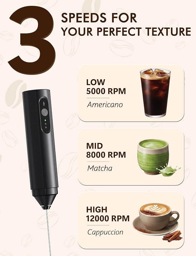 Rechargeable Milk Frother Hanheld, 3 Speed Frother Wand Drink Mixer Handheld Coffee Stirrers Electric Frother for Coffee Mixer Wand -Black