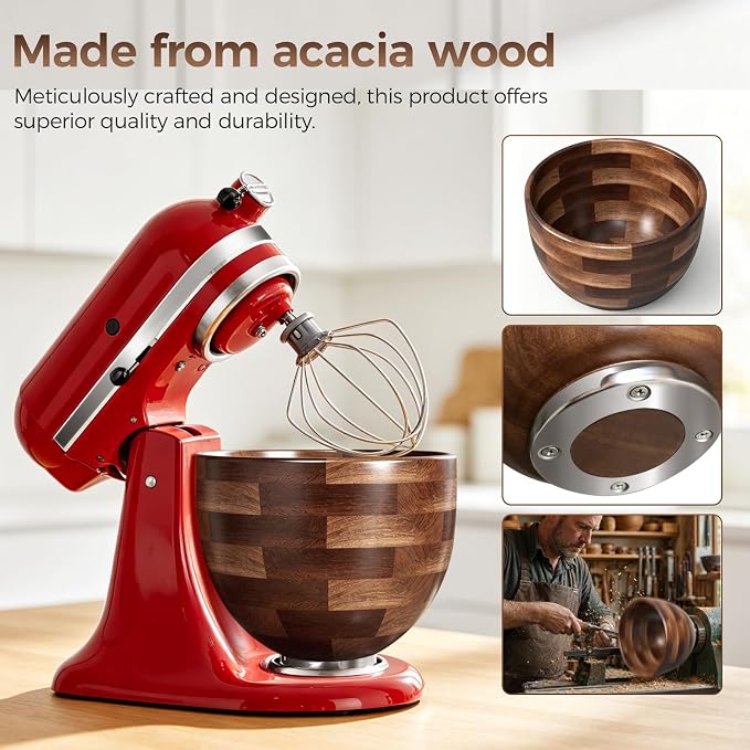 Airpro Solid Wood Mixing Bowl for 4.5-5Qt Tilt-Head Stand Mixers – Natural True Acacia/Walnut with Lid Cover & Stainless Steel Locking Base, 5 Quart for KitchenAid