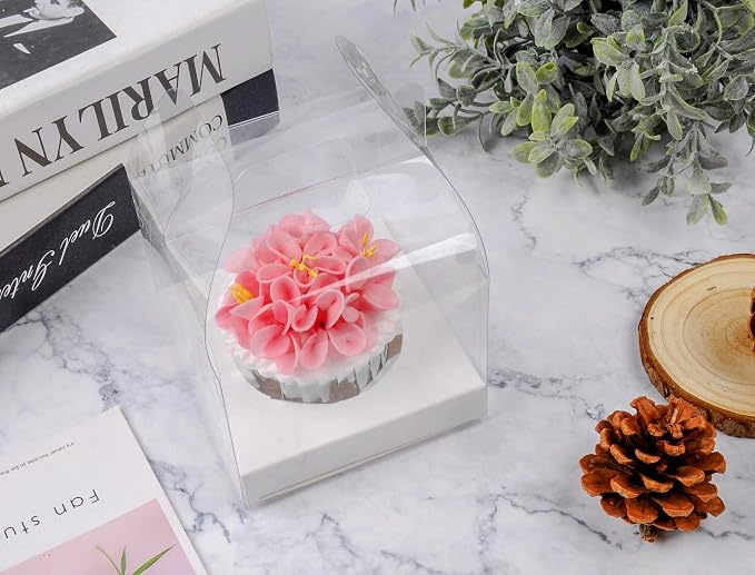30 PCS Individual Cupcake Containers Single Cupcake Boxes with Handle and Inserts Clear Plastic Favor Boxes