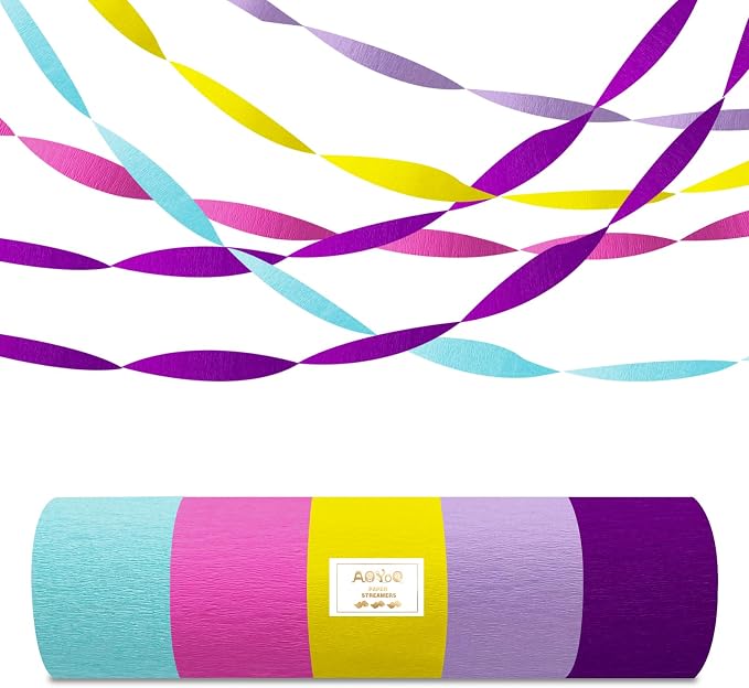 AOYOO Crepe Paper Streamers, 5 Rolls Multicolor Party Streamers in Rose Red, Purple, Yellow and Light Blue, Premium Rainbow Decorations for Unicorn Birthday, Easter, Carnival and Kids Party Supplies