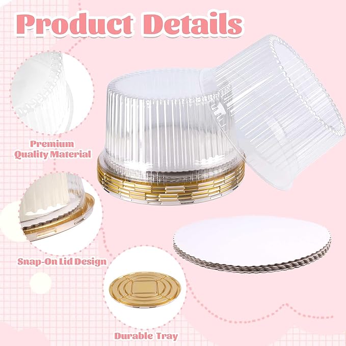 NPLUX 10 Inch Plastic Cake Carriers Gold Cake Containers with Lid and White Cake Boards, Clear Cupcake Holder for 1-2 Layer Cheesecake, Bakery Supplies, Graduation Gifts Party Favors(5 Pack)