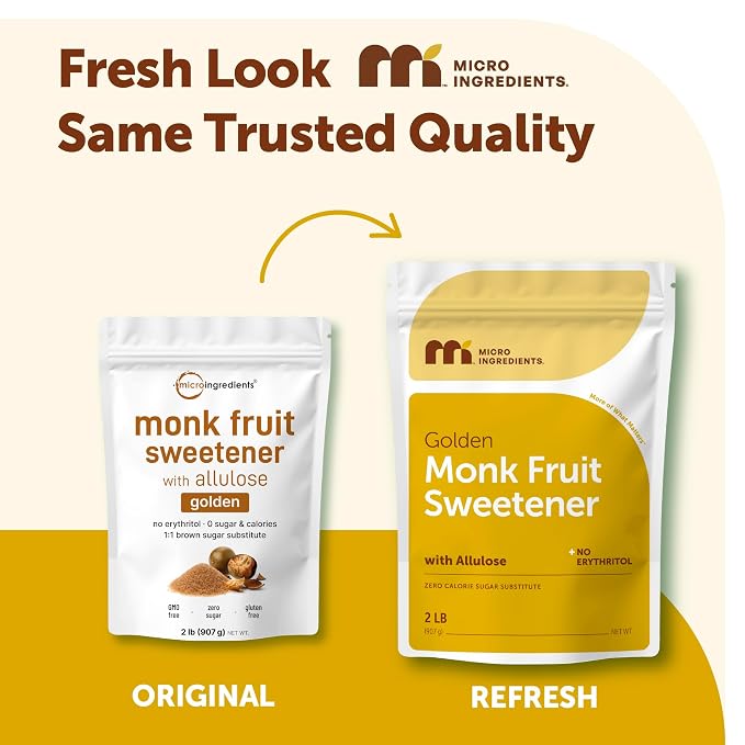 Micro Ingredients Golden Monk Fruit Sweetener with Allulose, 2 lbs | 1:1 Brown Sugar Substitute, No Erythritol, No Aftertaste | Zero Calorie Sugar Alternative for Baking, Coffee & Tea | Keto, Vegan, Non-GMO