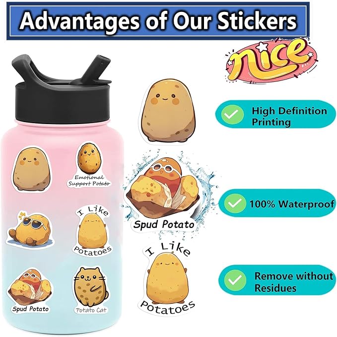 50 Pcs Funny Potato Stickers, Cute Kawaii Potato Character Decals, Waterproof Vinyl Sticker Pack for Laptop, Water Bottle, Journal for Kids & Adults(Potato)
