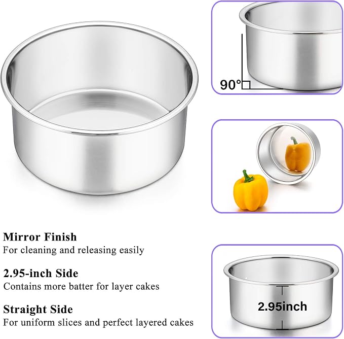P&P CHEF 6 Inch Cake Pans Set, Round Baking Pan Stainless Steel Layer Birthday Wedding Cake Oven Pans, Non Toxic & Heavy Duty, Deep Side & Mirror Finish, Dishwasher Safe, (3Pcs)