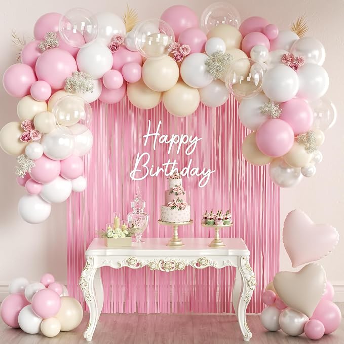 157Pcs Pastel Pink and White Balloons Garland Arch Kit with Fringe Curtain for Woman Girl Princess Birthday Bridal Baby Shower Gender Reveal Engagement Wedding Valentine's Day Party Decorations