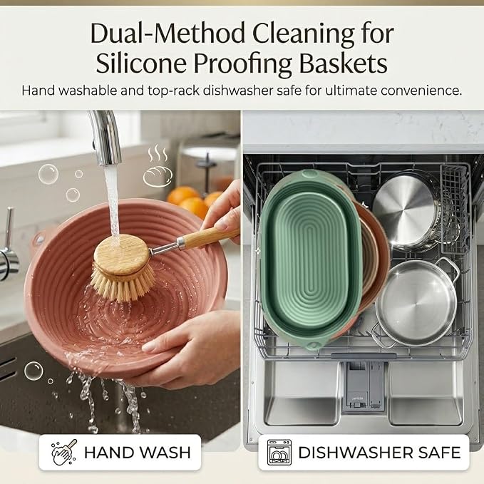 2-Pack Silicone Bread Proofing Basket,10" & 9" Collapsible Banneton for Sourdough, Non-Stick Dishwasher Safe Alternative to Rattan, Professional Baking Supplies(Round Pink+Oval Pink)