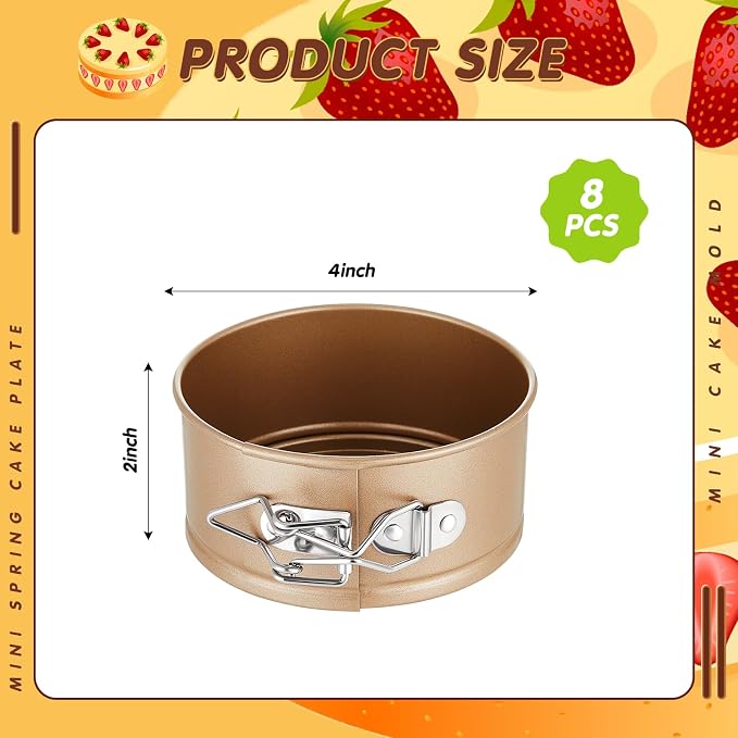 Sunnyray 8 Pcs 4 Inch Springform Pan for Baking Mini Cheesecake Pans with Removable Bottom Nonstick Leakproof Round Cake Mold Spring Form Molds for Mini Cheesecake Pizza and Quiches (Gold)