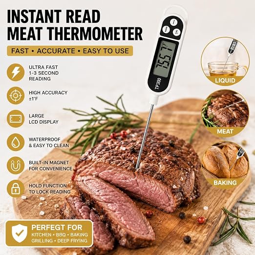 Digital Meat Thermometer for Cooking & BBQ, Instant Read Food Thermometer with Stainless Steel Probe, LCD Display Kitchen Thermometer for Grill, Smoker, Oven, Beef, Chicken & Turkey