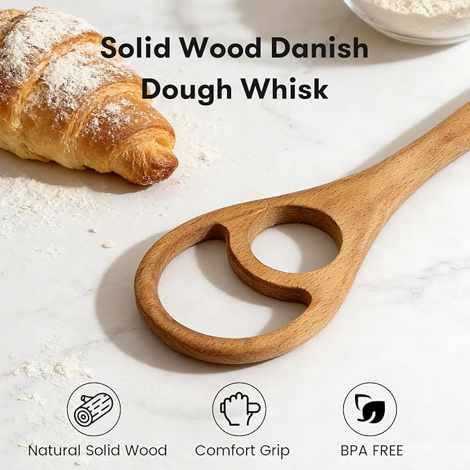 Wooden Danish Dough Whisk - 12.6" Handcrafted Dutch Bread Whisk for Batter, Pizza Dough & Baking - Upgraded One-Piece Sourdough Whisk with Flow-Through Design-2 Pack