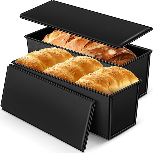 2 Pack 2 lb 13 x 4 Inch Pullman Loaf Pan with Lid Dough Capacity Bread Loaf Pan with Cover, Nonstick and Quick Release Coating for Home Bakeware Bread Toast Oven Baking(Black)