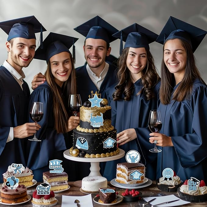 48pcs Edible 2026 Graduation Cupcake Toppers Wafer Paper Light Blue Class of 2026 Cake Decorations Edible Congrats Grad Cupcake Picks for 2026 Graduation Theme Party Cake Supplies