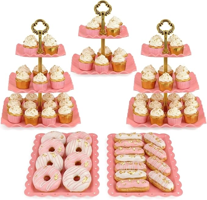 NWK 5 Piece Cake Stand Set with 2 x 3-Tier Cupcake Stands, 1 x2-Tier Cupcake Stands, 2 x Appetizer Trays, for Wedding Birthday Baby Shower Tea Party Decorations (5, Pink, Square)