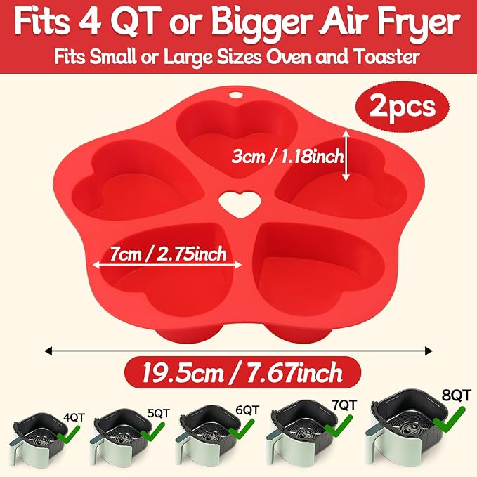 2 PCS Silicone Air Fryer Muffin Pan Egg Bite Heart Mold for Oven Baking,Mini Muffin Tins Cups Cake Tray for Air Fryer Liners Basket Instant Pot Accessories Baking Cakes Muffin Pancake