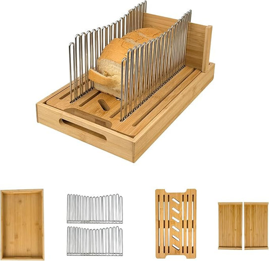 Bamboo Bread Slicer for Homemade Bread with Steel Guides | Adjustable Width, Stainless Steel Slicing Guides, Crumb Tray, For Sourdough Bread, Cakes, Loaves, Bagel