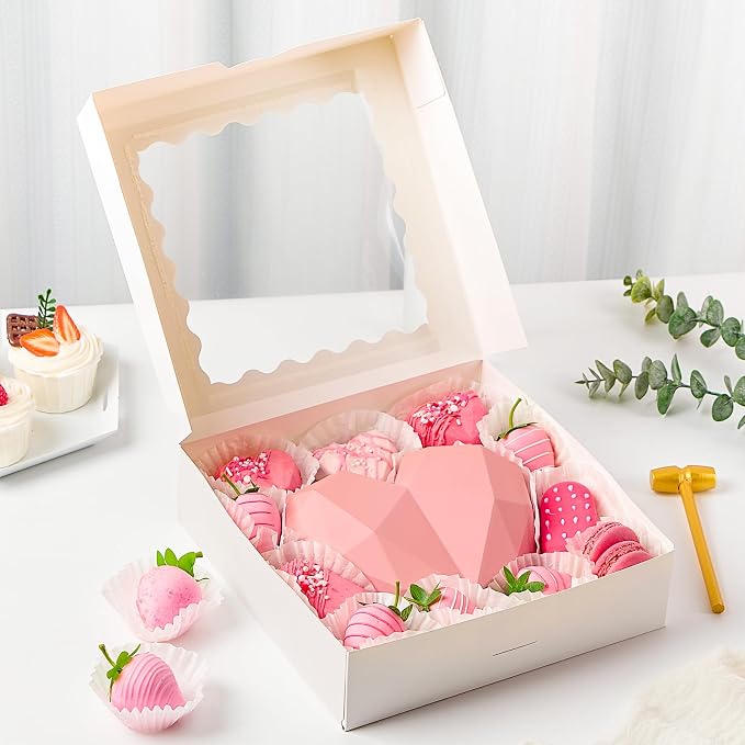 Ocmoiy 20 Pack Pie Boxes, 9 x 9 x 2.5 Inches Bakery Boxes with Window, Auto-Popup Cookie Treat Boxes for Chocolate Strawberries, Pastries, Muffins, Donuts, Breakable Heart