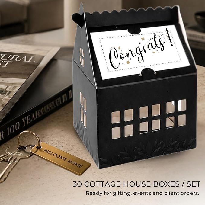 30 Pcs Cottage House Cookie Boxes with Window & Business Card Holder, Black, 4 x 4 x 6 in Bakery Gift Boxes for Treats, Desserts, Party Favors & Realtor Pop By Gifts