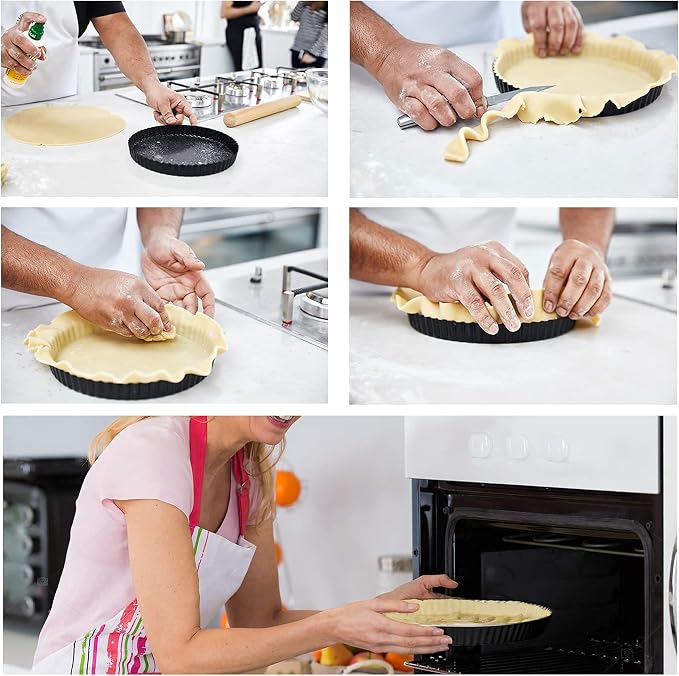Tart Pan Black Carbon Steel, Non-Stick Quiche Pan, Tart Pan 9 inch removable bottom and 10 Baking Parchments-Oven and Dishwasher Safe
