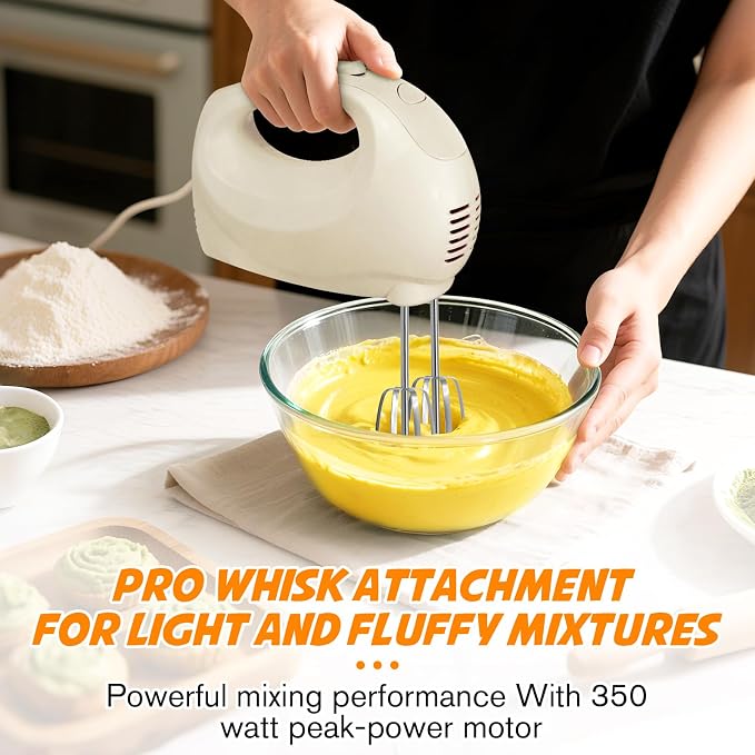Handmixer Electric Handheld - 5 Speed Portable Kitchen Mixer Electric with 5 Stainless Steel Accessories Whisk, Food Beater for Whipping Mixing Cookies(Beige)