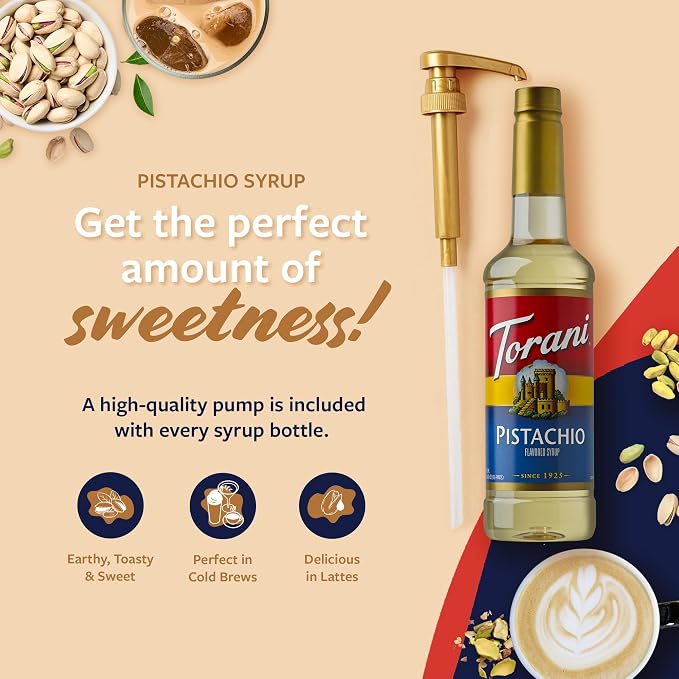 Torani Pistachio Coffee Syrup for Drinks & Desserts, Pump Included, 25.4 Fl Oz