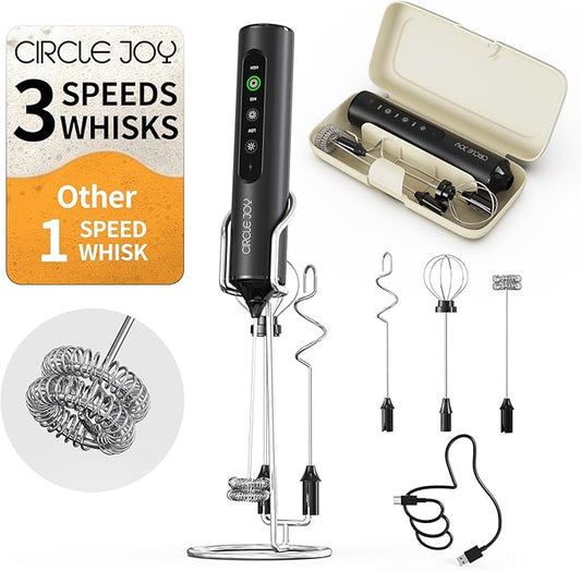 CIRCLE JOY Rechargeable Handheld Milk Frother Wand with Stand, 3 Variable Speeds, 3 Whisks and Storage Box, Electric Drink Mixer for Latte, Cappuccino, Hot Chocolate, Eggs and Protein Powder, Black
