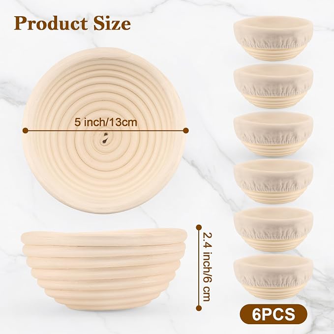 6 Pack 5 Inch Mini Banneton Bread Proofing Basket, Mini Sourdough Baking Supplies, Small Banneton Proofing Baskets for Artisan Bread Baking and Dough Rising