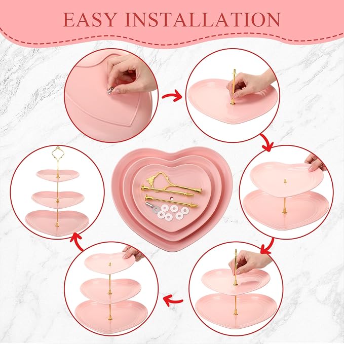 Layhit 1 Pack Wedding 3 Tier Cupcake Stand Heart Shaped 3 Tiered Serving Trays for Party Plastic Tray Dessert Cupcake Stand for Tea Party Baby Shower Wedding (Pink)