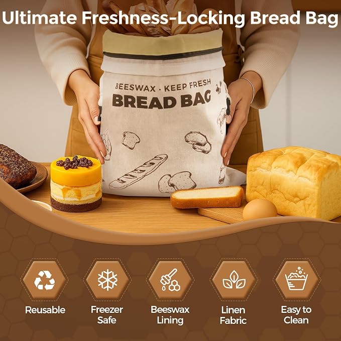 YARRAMATE Reusable Beeswax Bread Bags for Homemade Bread & Sourdough, 2 Pack XL 17x13in Linen Organic Bread Storage Bags with Zipper for Loaf, Baguette, Bagels and Sandwich Bread, Freezer Safe, Brown