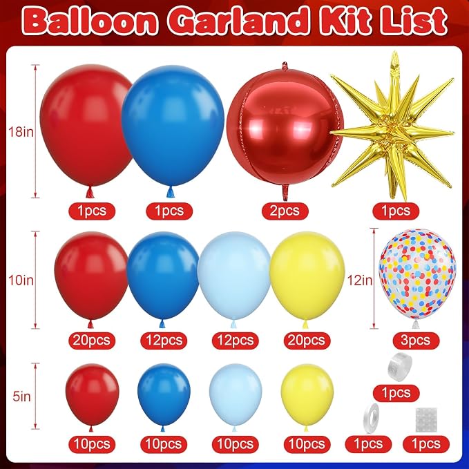 Red Blue Yellow Balloon Arch Garland Kit with Gold Star Foil Balloons Red 4D Round Ball Balloons for Birthday Party Carnival Circus Theme Decorations