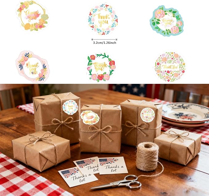 250Pcs Gold Floral Thank You Stickers, Cute 6 Styles 1 Inch Thank You Labels Self-Adhesive Envelope Seals Sticker for Packaging, Small Business, Wedding, Party (Gold Floral)