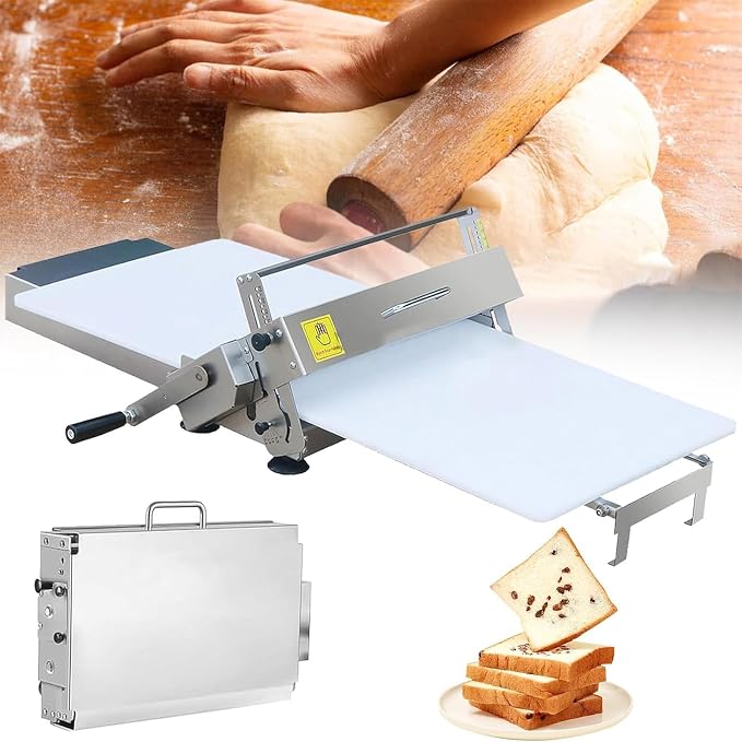 Manual Dough Roller Machine, Stainless Steel Folding Dough Sheeter with 0-27mm Thickness Adjustment, Press Board Included, for Pizza, Croissant, Puff Pastry, Home & Commercial Bakery