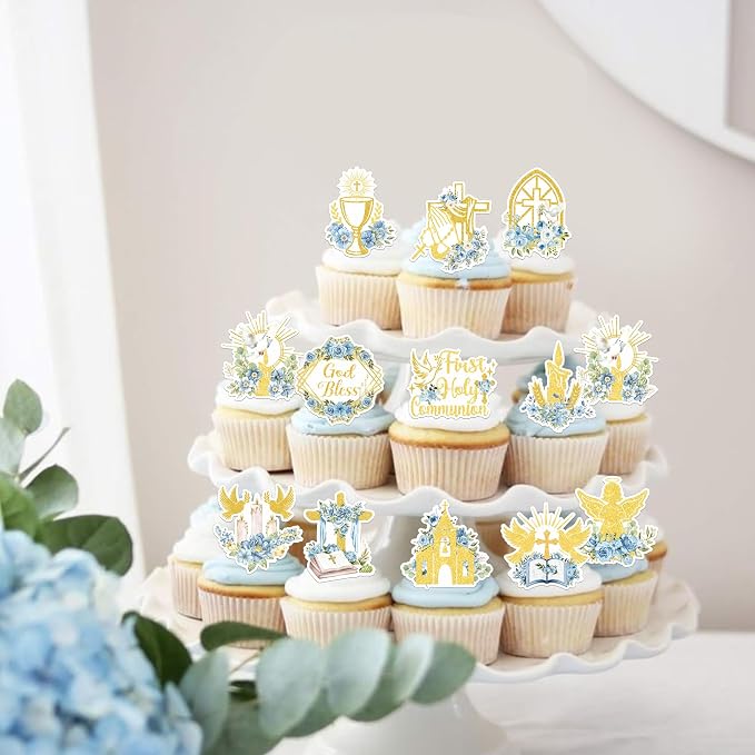 60 PCS Edible God Bless Cupcake Toppers Dove Cross Cupcake Picks Edible Floral First Communion Cake Decorations for Religious Gold Bless Baptism Theme Baby Shower Birthday Party Supplies Blue