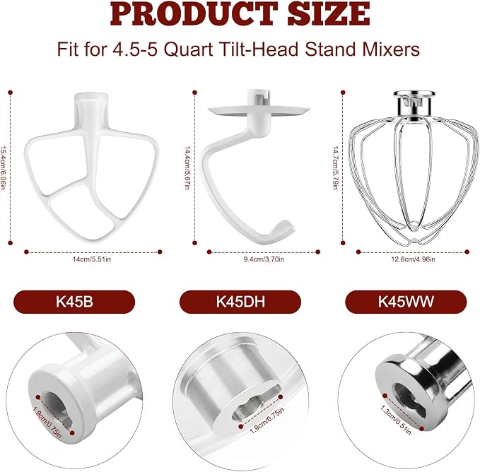 Mixer Attachments for KitchenAid 4.5-5 Qt Tilt-Head Stand Mixer, Dishwasher Safe Set with Wire Whip, Dough Hook and Flat Beater, Heavy Duty Replacement Accessories for Baking