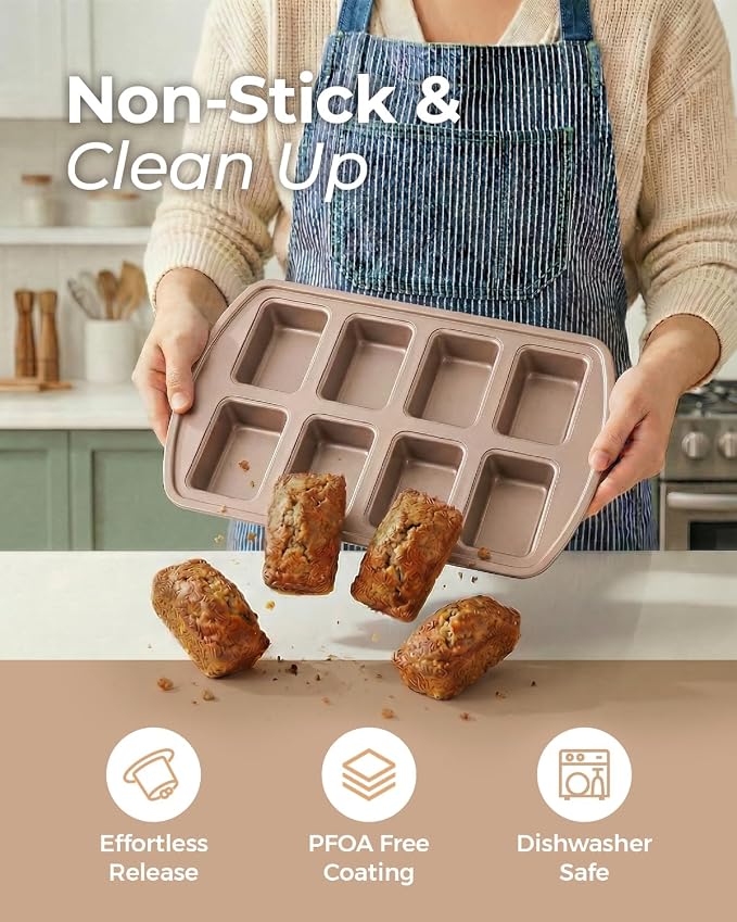 CARTMAN 2-Pack 8-Cavity Mini Loaf Pans Set with Spatula & Brush – 15.5” x 10” Nonstick Carbon Steel Small Bread Pan for Banana Bread, Meatloaf & Keto Snacks Champagne Gold