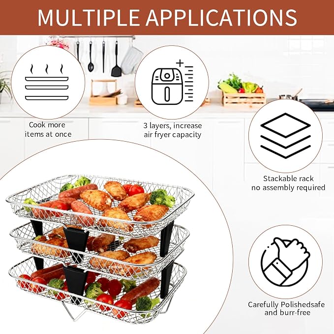 3 Tiers Stackable Air Fryer Racks, 7.79"x5.23"x1.57" Stainless Steel Dehydrator Trays with Non-slip Feet for Ninja DZ201 DZ071 DZ090 DZ302 DZ401 DZ550 SL401 Dual Airfryer