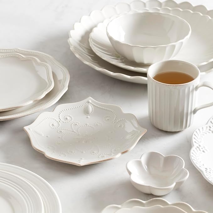 Lenox Dinnerware Sets, French Perle Scallop White 24-Piece Dinnerware Set, Service For 8, Stoneware Material, Dishwasher Safe, Microwave Safe, Bowls, Plates And Bowls, Dinner Dishes (White, 24 Piece)