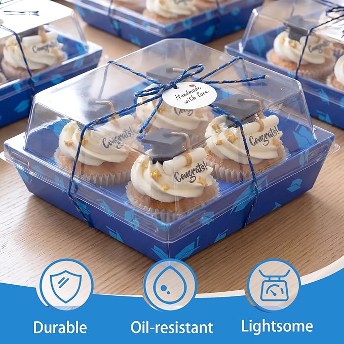 Outus 100 Pack Graduation Party Paper Food Containers Blue Charcuterie Boxes with Clear Lids, 5.7 x 5.1 '' Graduation Party Supplies Cake Take out Bakery Boxes with Gift Tags Rope for Desserts Cake
