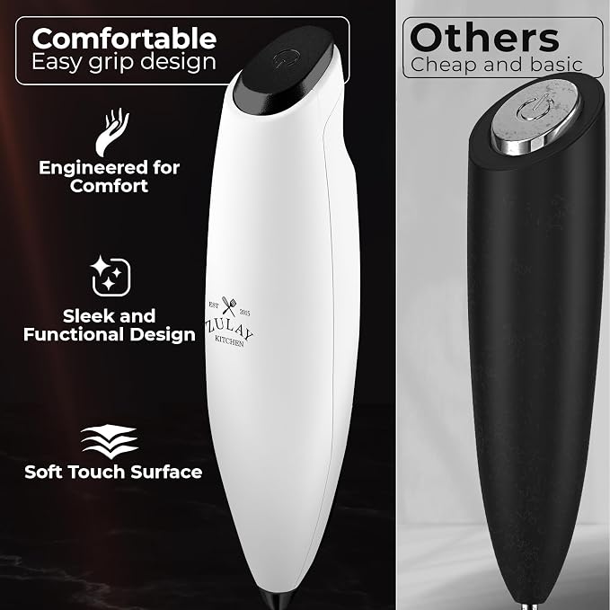 Zulay Kitchen Powerful Milk Frother Wand With Duracell Batteries - Ultra Fast Handheld Drink Mixer - Electric Whisk Foam Maker for Coffee, Lattes, Cappuccino & Matcha - Triple Whisk - Black