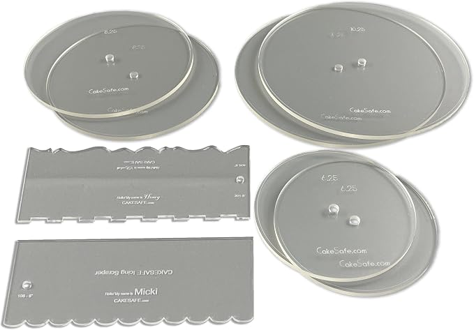 CAKESAFE Essential Cake Decorating Acrylic Disk Kit - 3 Sets - Round 6.25", 8.25", 10.25" Disk Sets (2 disks per size), 2-8" Icing Scrapers with 1 Scraper Edge and 3 Cake Comb Patterns