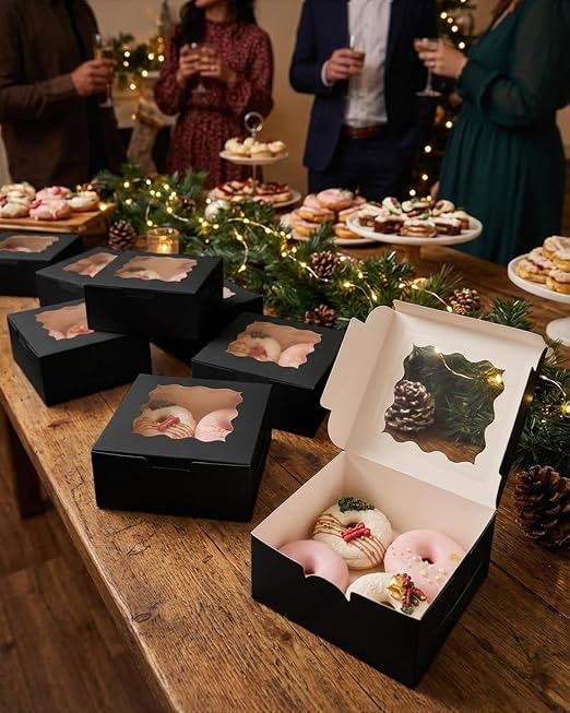 Bakepacker 240pcs Black Cookie Boxes 6x6x3 inches Easy Assemble Macaroon Pastry Boxes Bakery Boxes with Window for Bakery