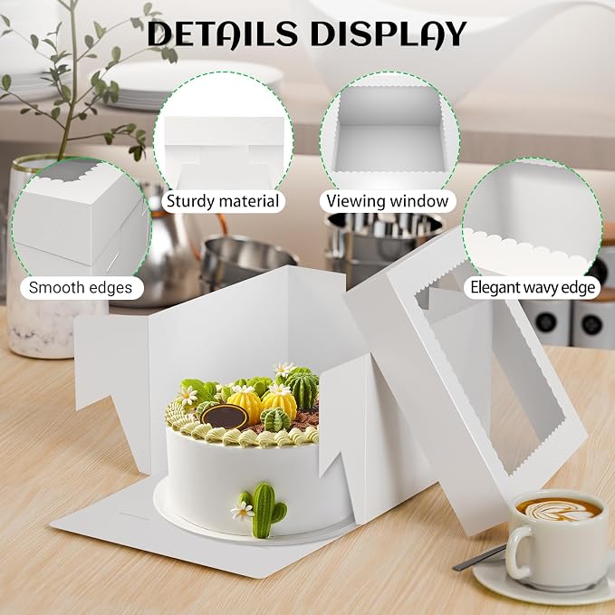 TLAZZ 15 Pcs Cake Boxes, 12x12x8 Inches Tall Cake Boxes with Window, White Square Cheesecake Bakery Boxes, Large Cardboard Cake Baking Boxes with 90 Stickers for Cakes, Pies, Wedding, Birthday Party