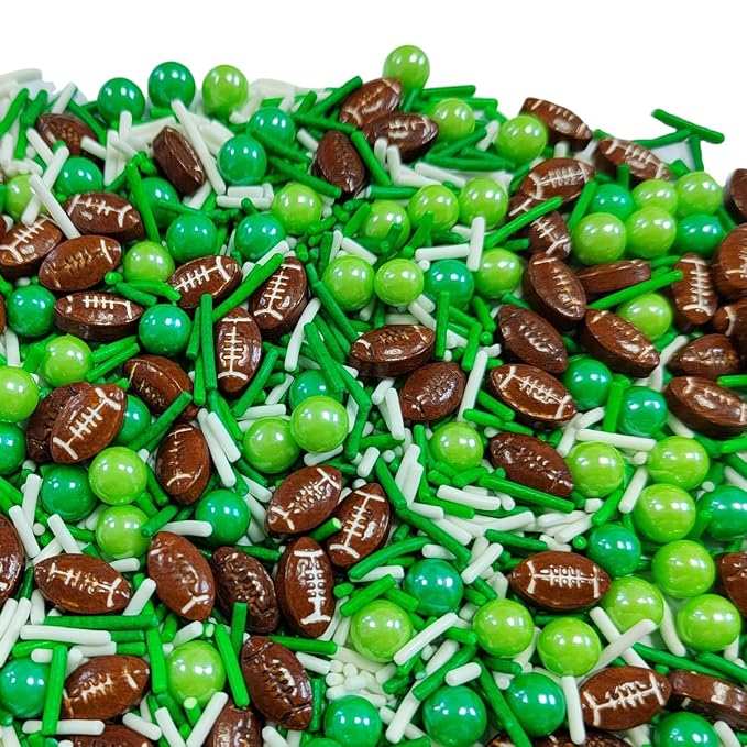 Football Sprinkles for Baking, Edible Sugar Pearl Green White Jimmies Sprinkles for Cake Cupcake Toppers Cookie Donuts Ice Cream Toppings