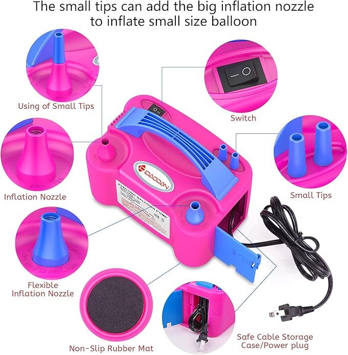 IDAODAN Electric Balloon Pump, Portable Electric Balloon Blower Machine Balloon Air Pump Dual Nozzle Rose Red 110V 600W Balloon Inflator for Party Decorations